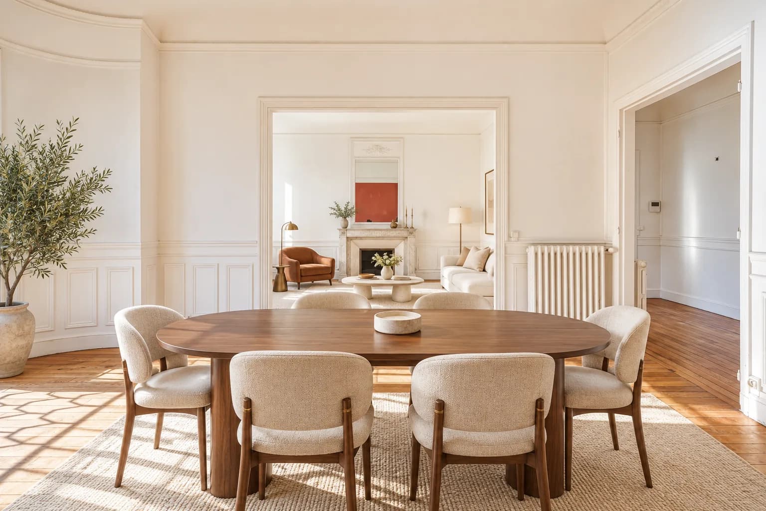 Salle à manger en aménagement virtuel, salon et cheminée en marbre en enfilade — Projet · vue d’artiste