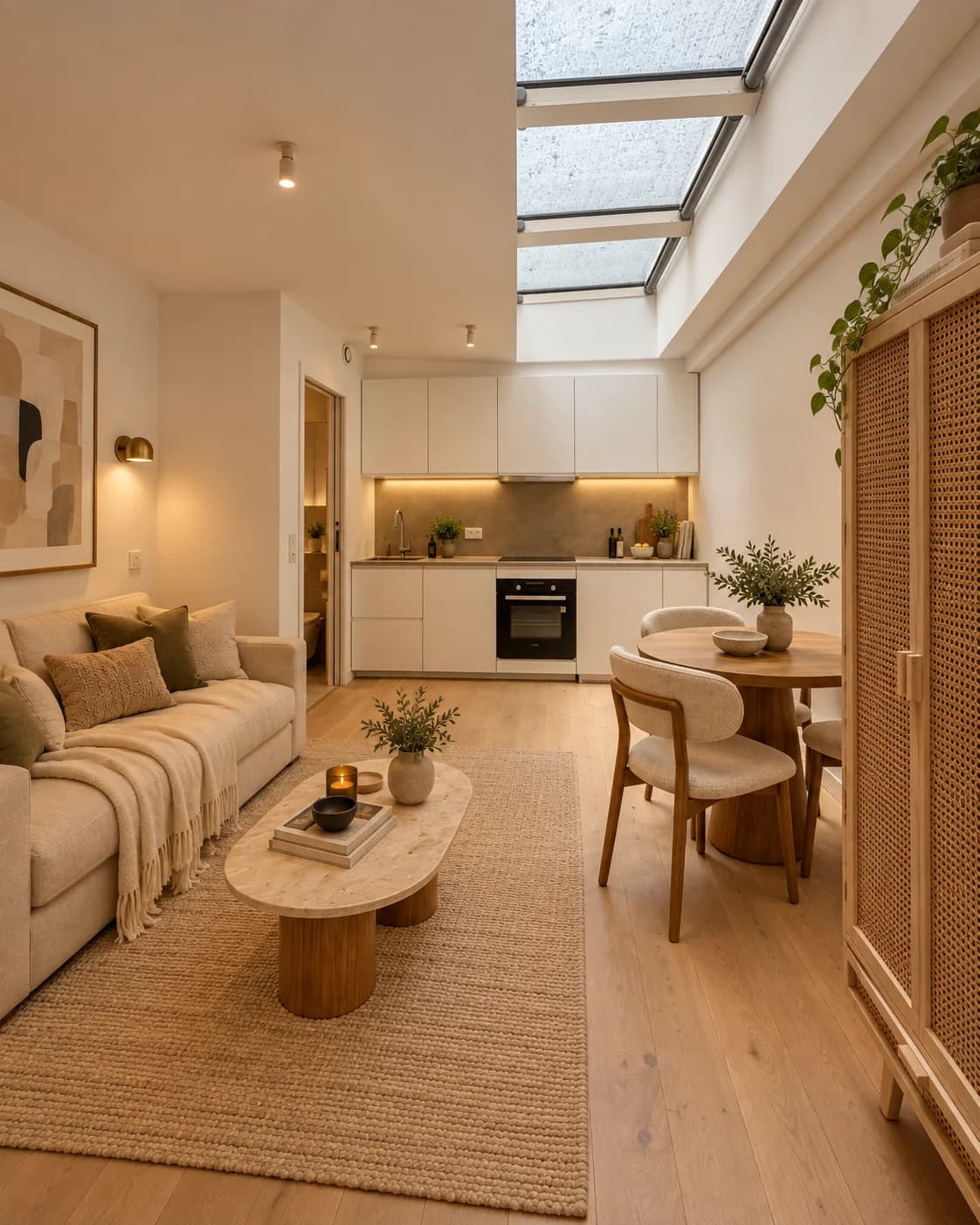Living area under a glass roof with virtual staging: sofa, dining table and rattan wardrobe — Project · artist’s impression