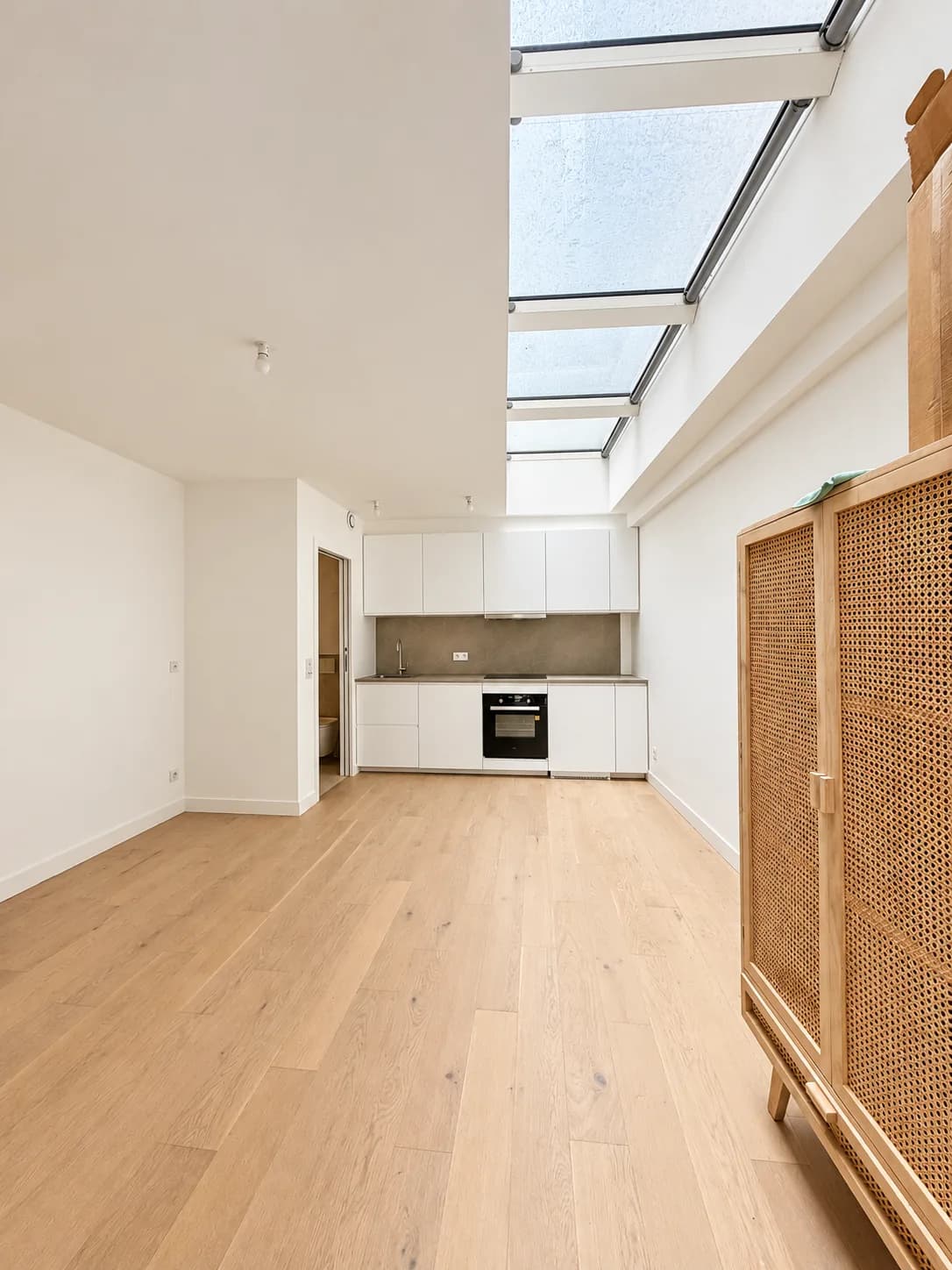 Empty living space under a glass roof, solid wood parquet and rattan wardrobe